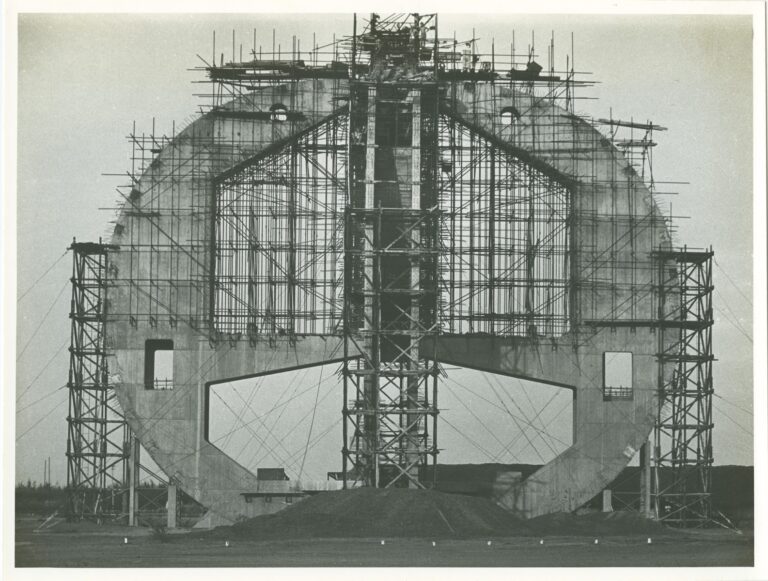 A view of the Matrimandir under construction in Auroville - April 1978